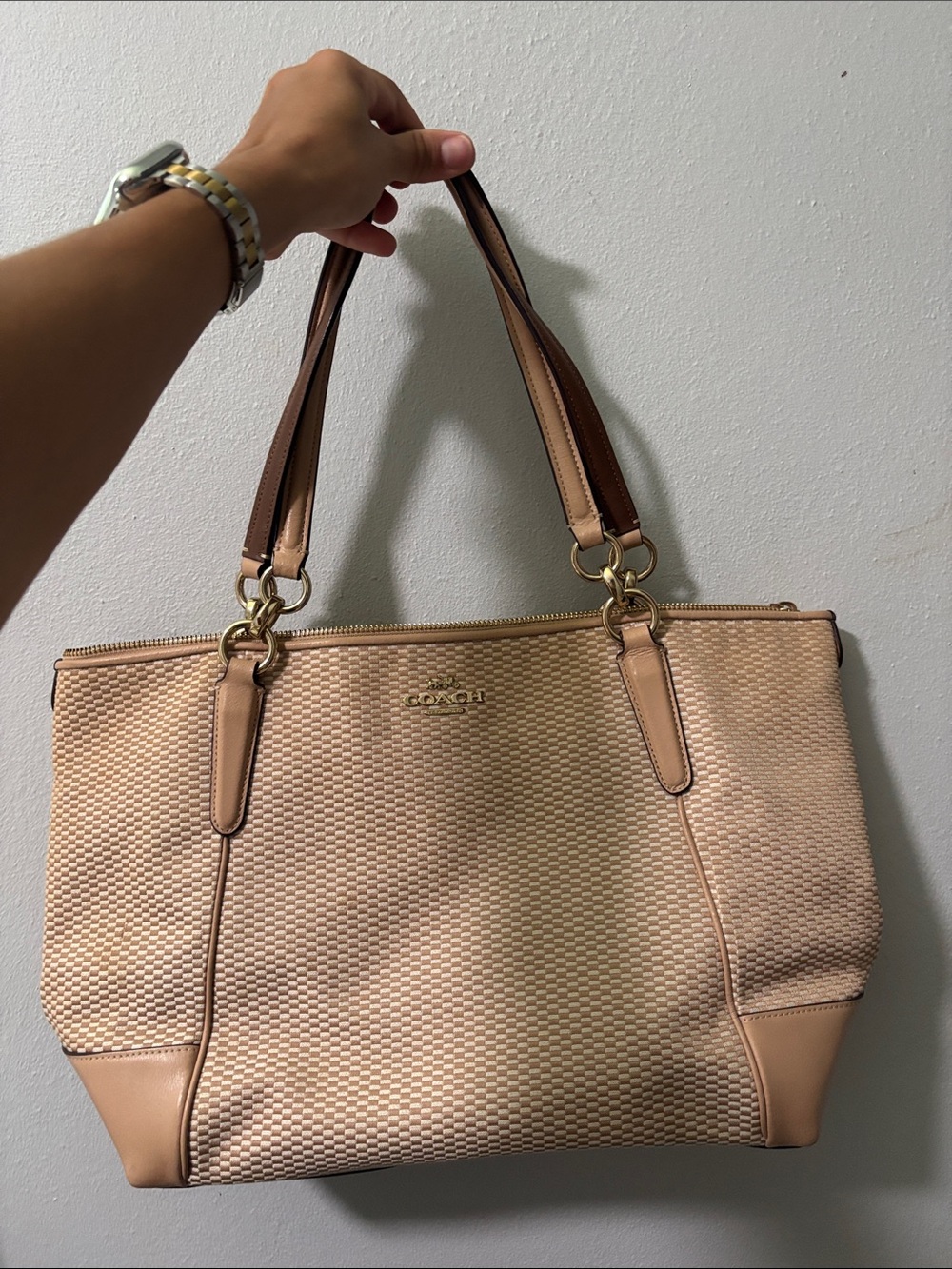 Coach Beige Woven Tote with Brown Handles